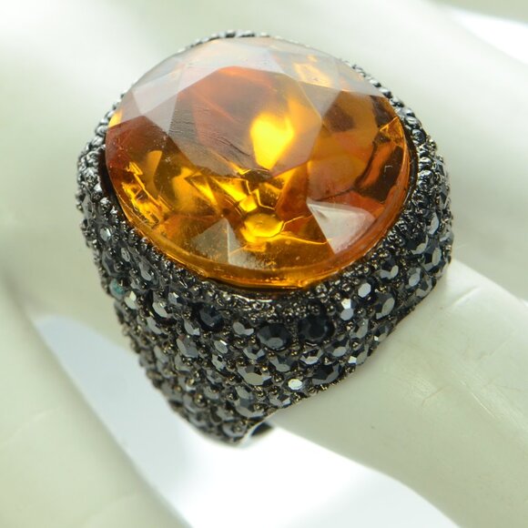 Vintage Kenneth Jay Lane KJL Gunmetal Crystal Ring - Picture 2 of 7